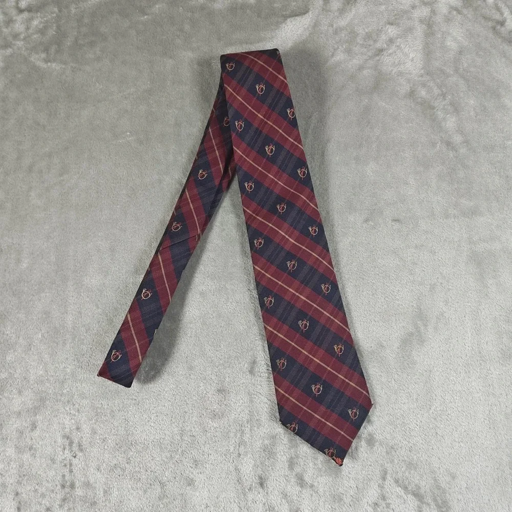 Vintage Lands End Tie Mens Red Blue Charter Collection Wool Silk French Horn